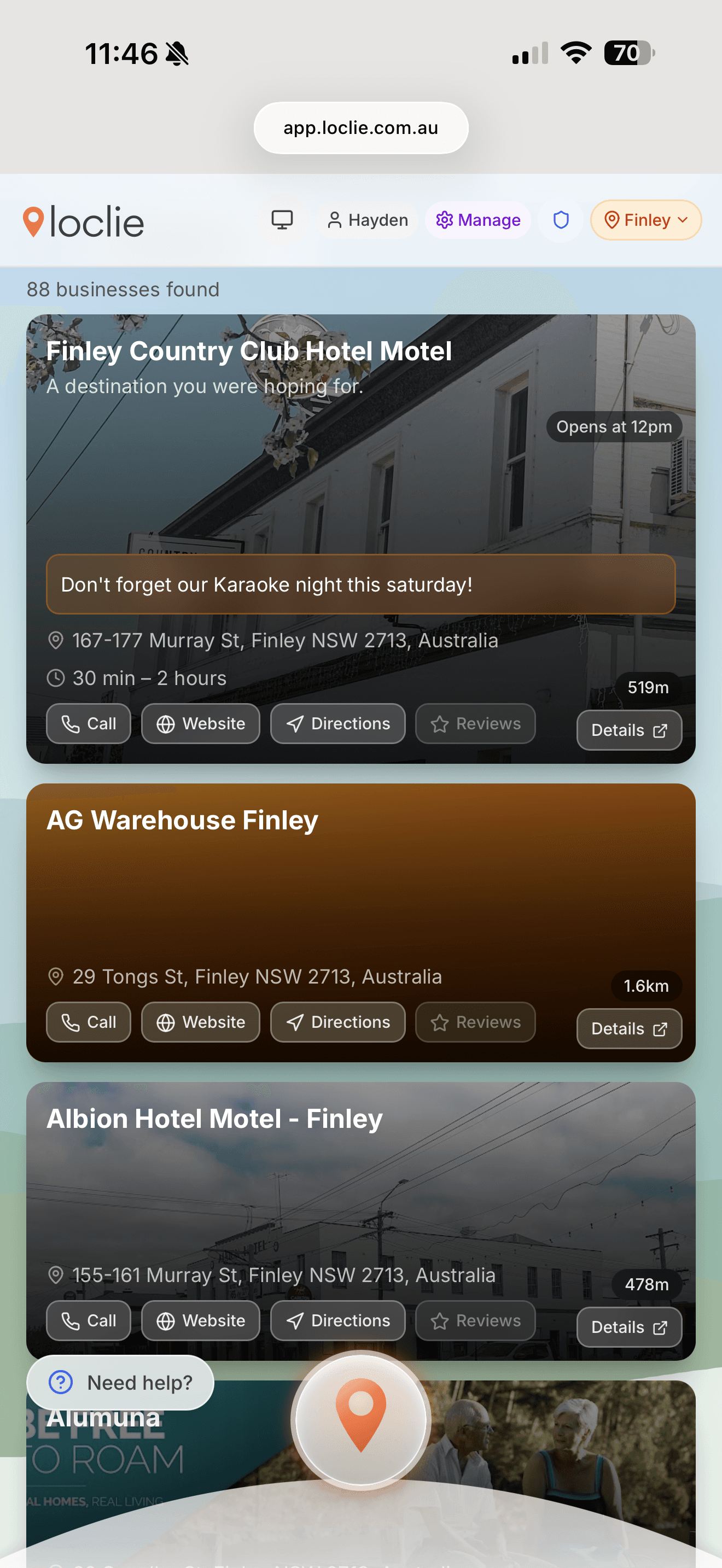 Local business listings with photos, opening hours, and action buttons