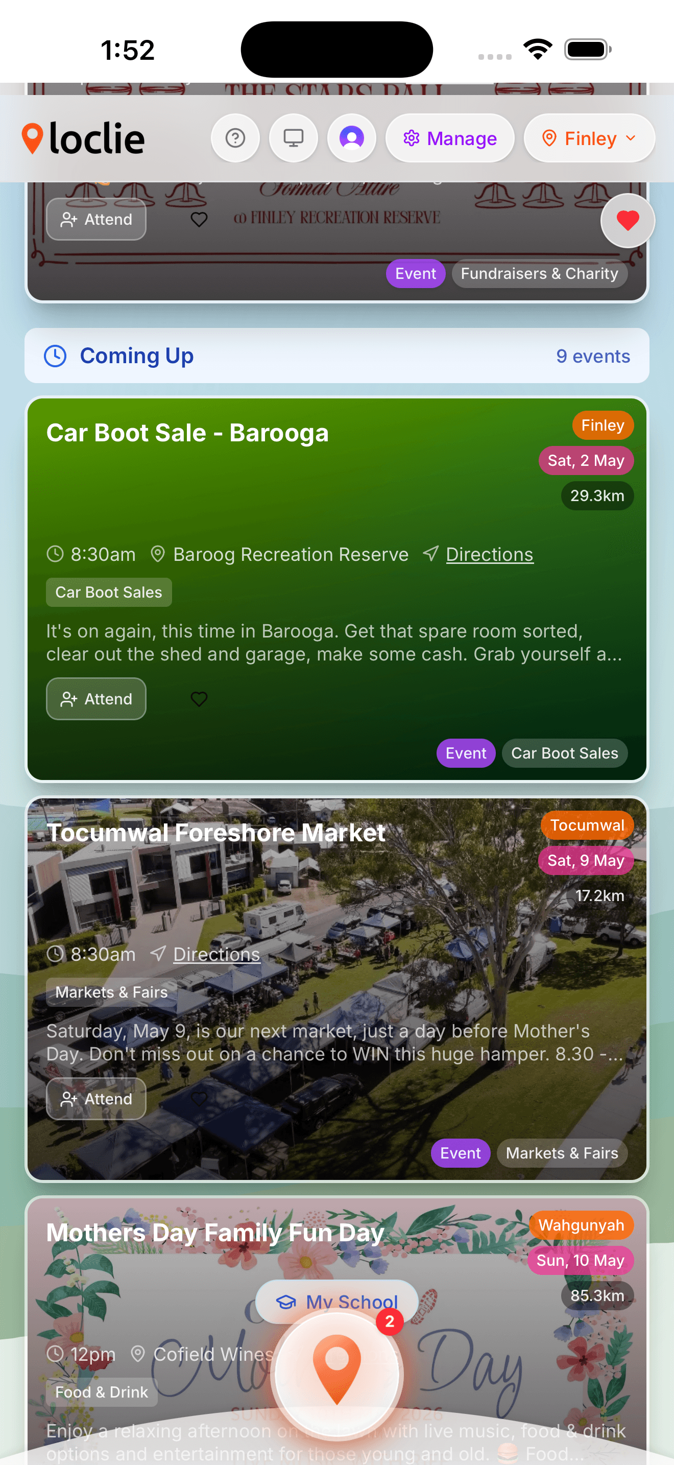 Local events listing with dates, times, and details
