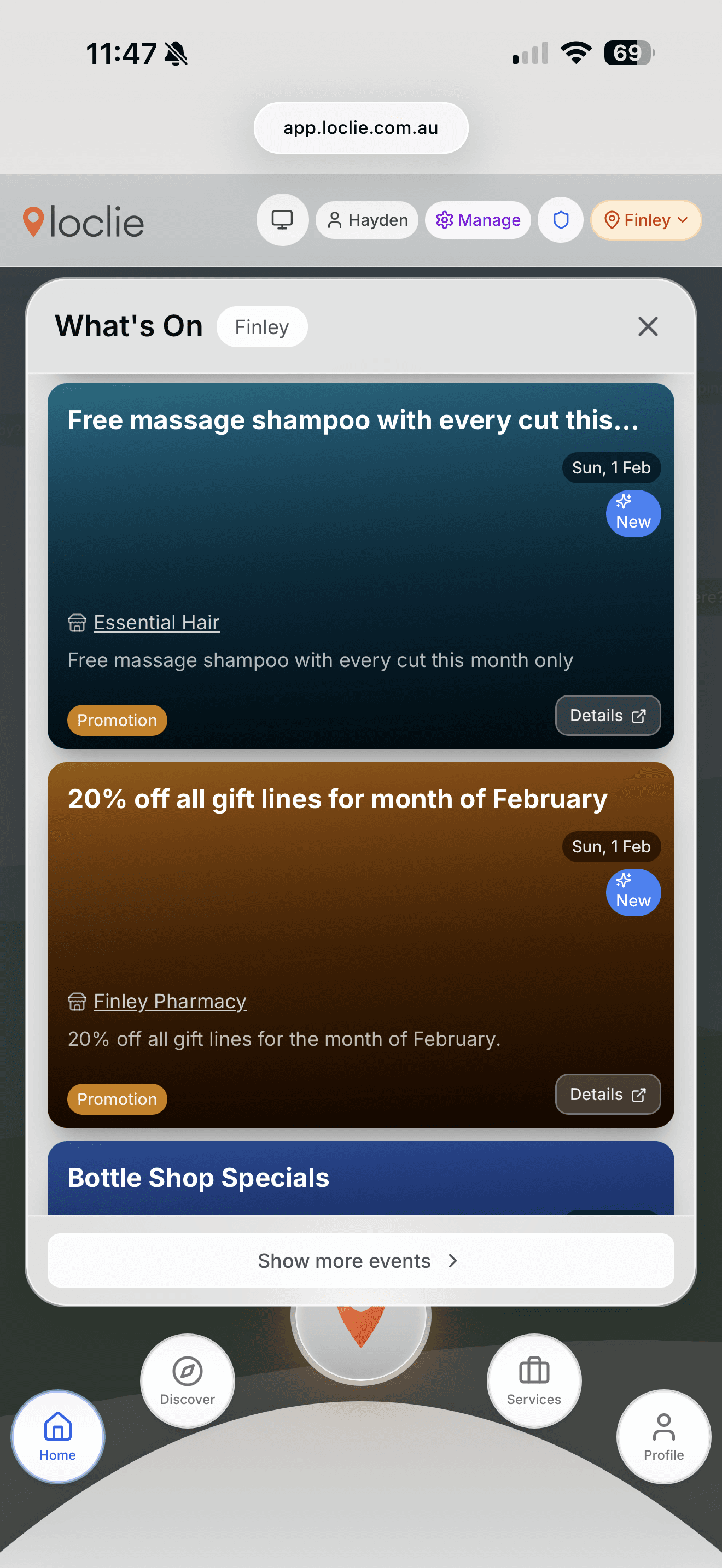 What's On feed showing local events and promotions
